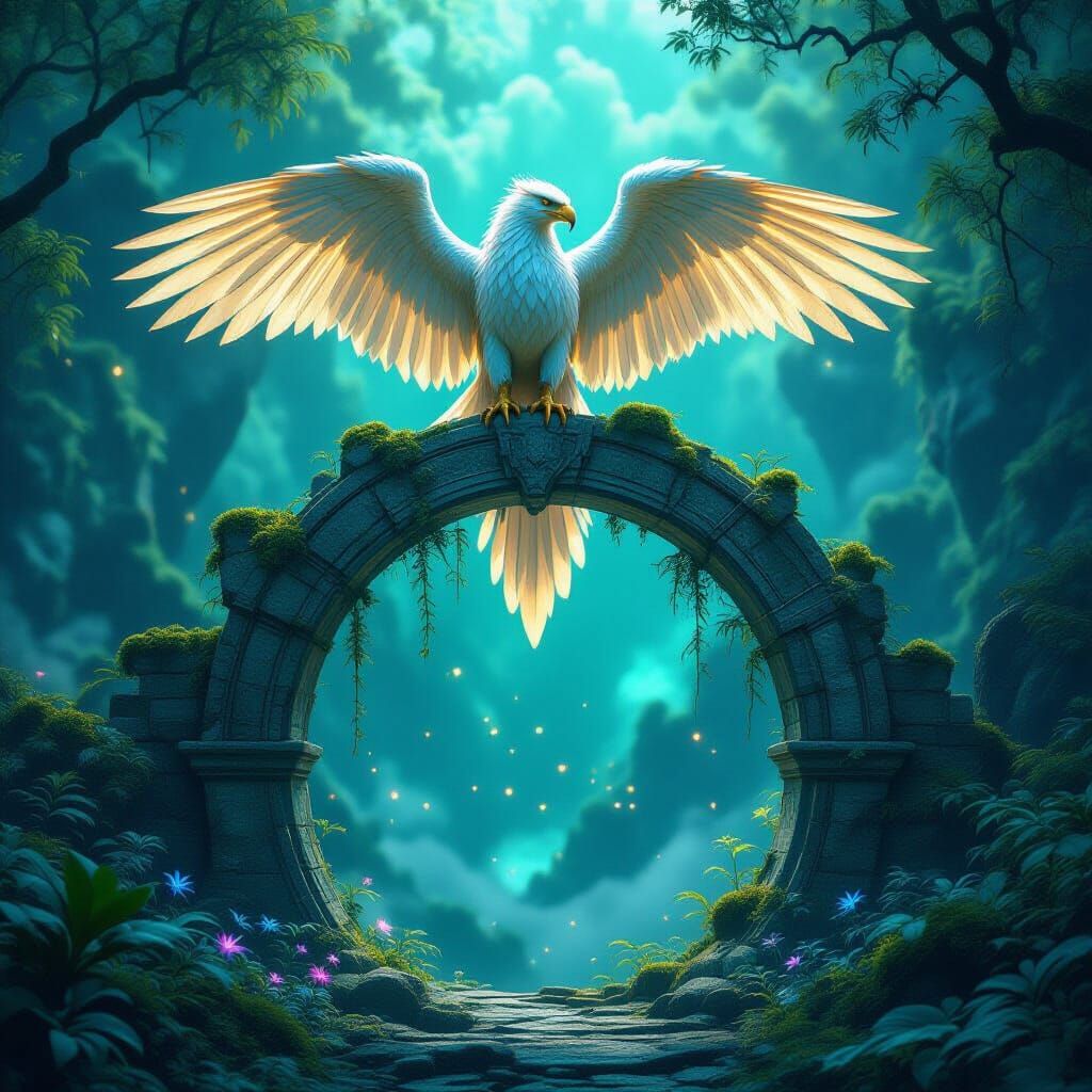 Majestic Griffin Perched on Ancient Archway Above Biolumines...