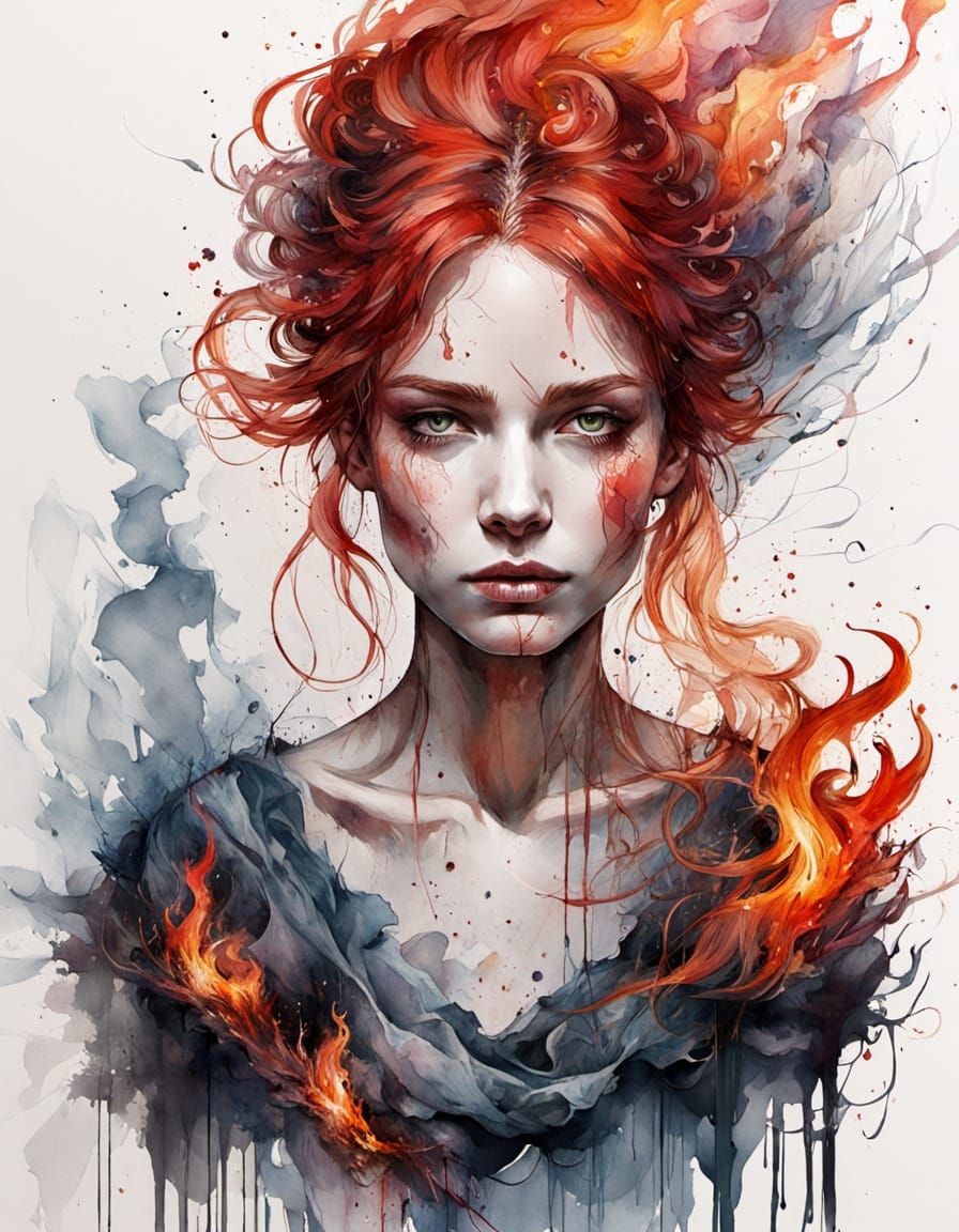 Fiery Spirit Woman Scattered by Wind in Watercolor Style