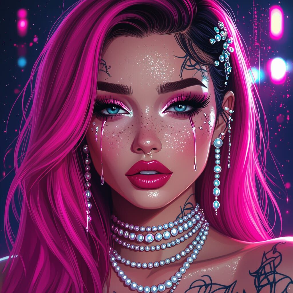 Cyberpunk Woman with Neon Hair and Dramatic Makeup