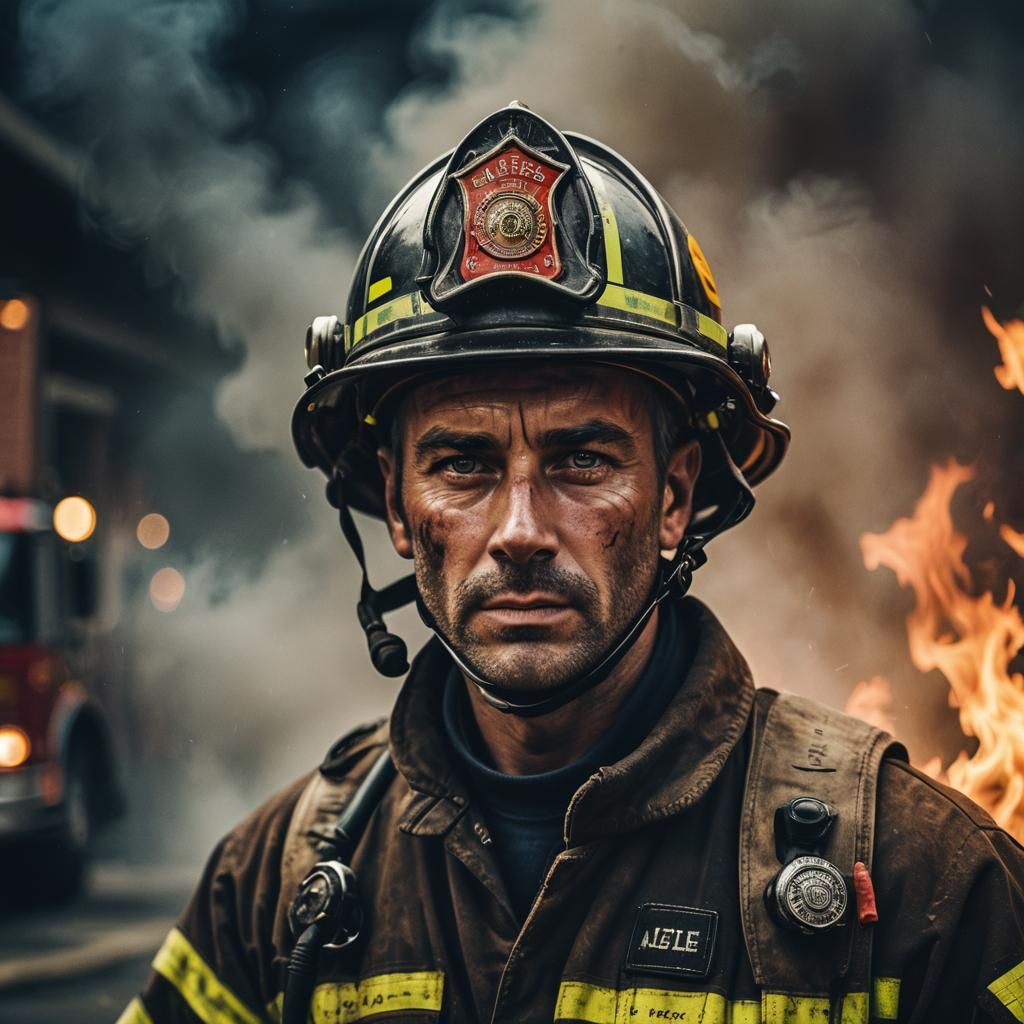Intense Portrait of Firefighter in Golden Hour Lighting