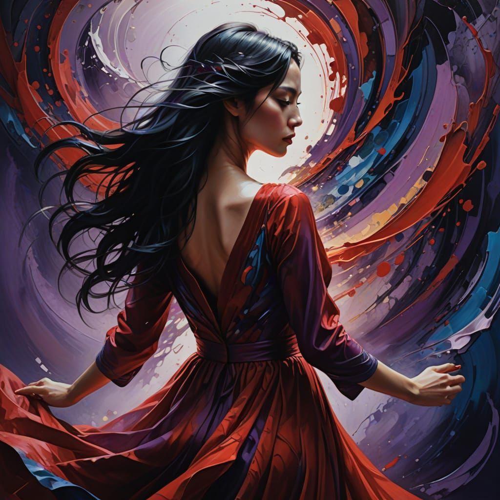 Ethereal Woman in Vibrant, Flowing Red Dress