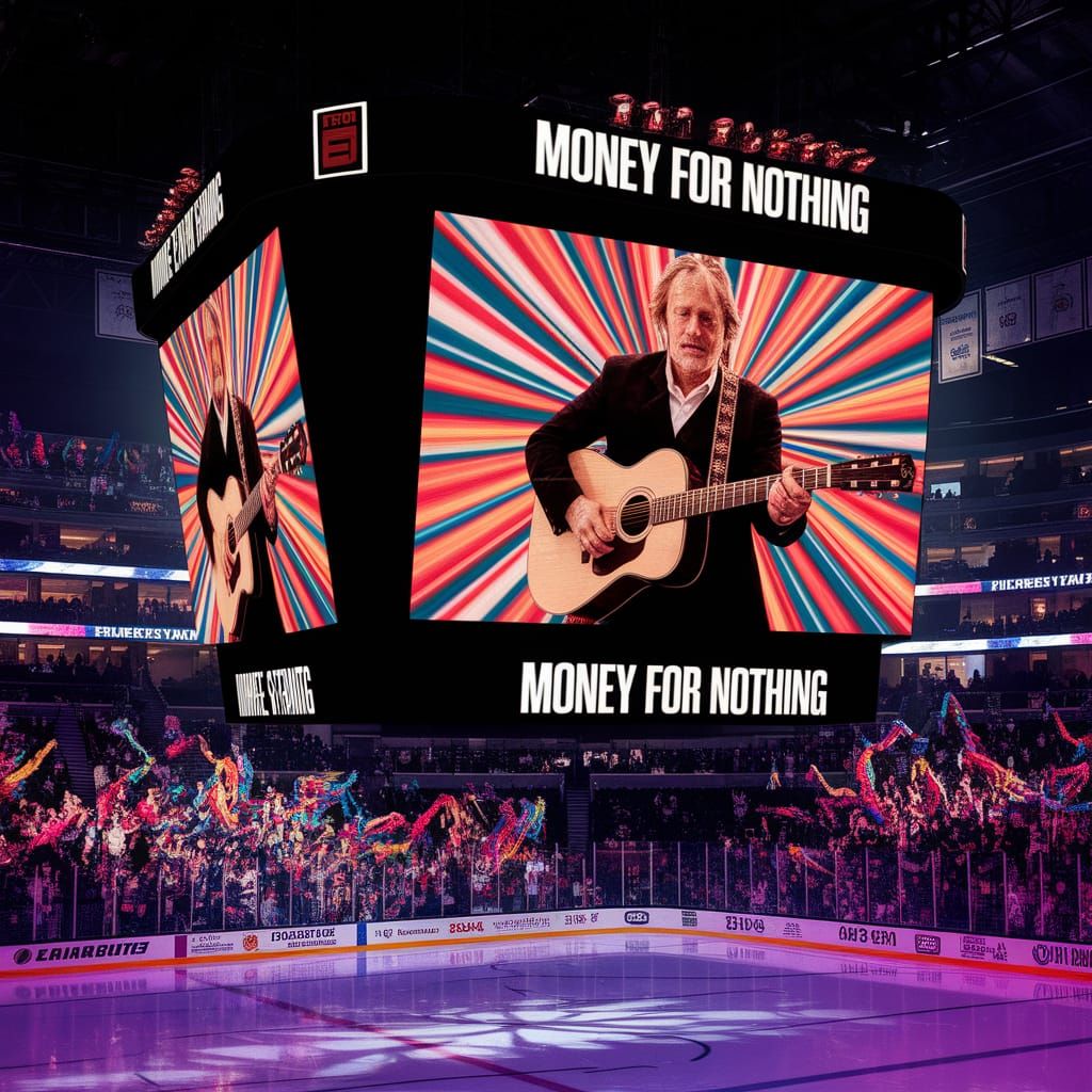 Retro 80s Jumbotron Scene at a Vibrant Hockey Arena