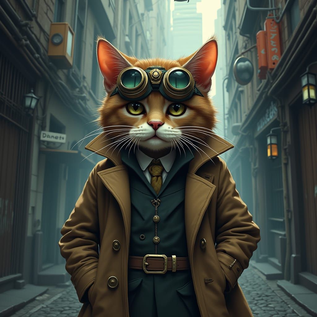 Steampunk Cat Detective in Foggy Alley