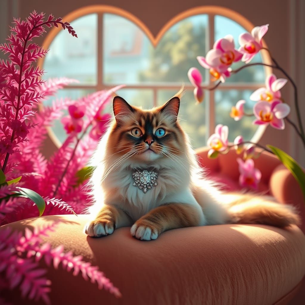 Regal Ragdoll Cat in a Luxurious, Sun-Drenched Oasis