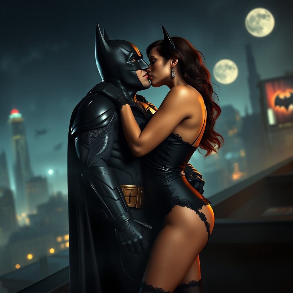 Batman and Catwoman Share a Passionate Kiss in a Dark Gotham...