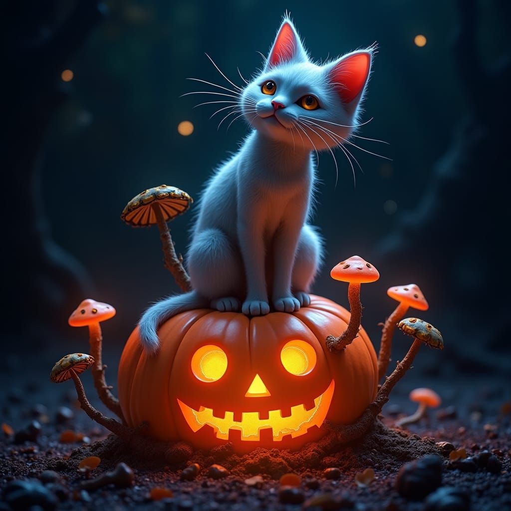 Enchanted Cat on Pumpkin in Surrealist Style