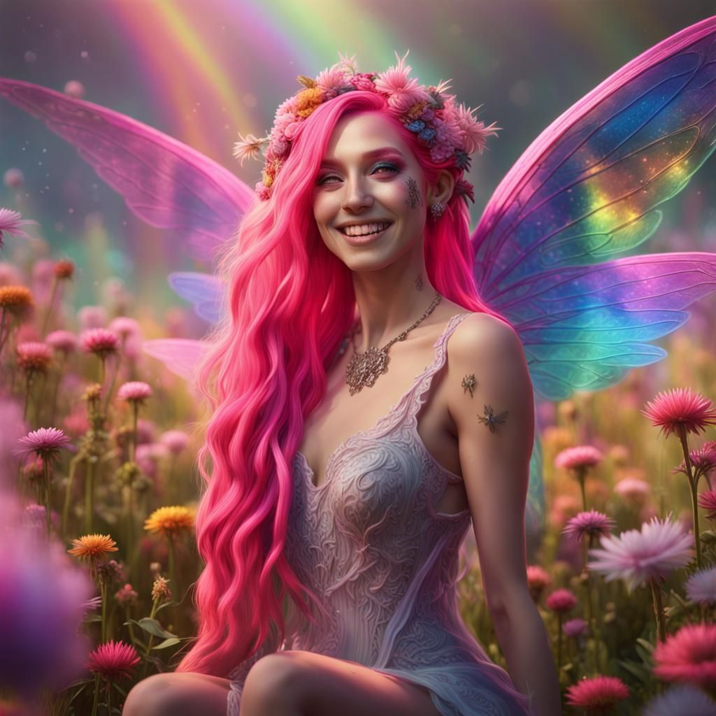 Smiling Fairy Woman in Rainbow Meadow