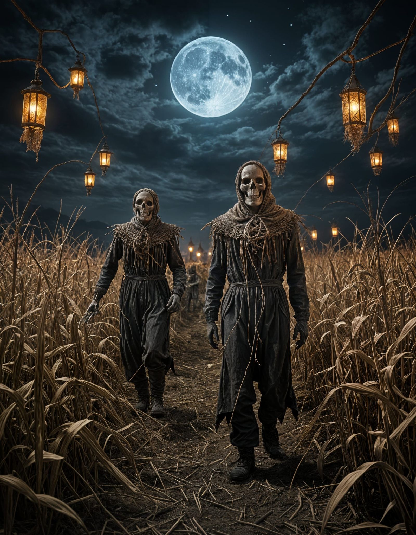 Eerie Scarecrows Dance in Moonlit Cornfield