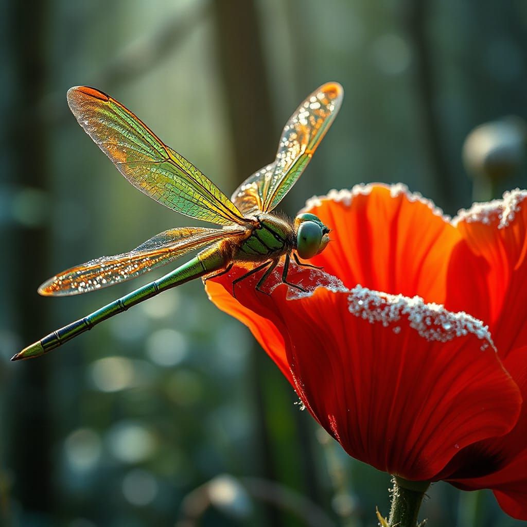 Shimmering Dragonfly on Frosty Red Poppy