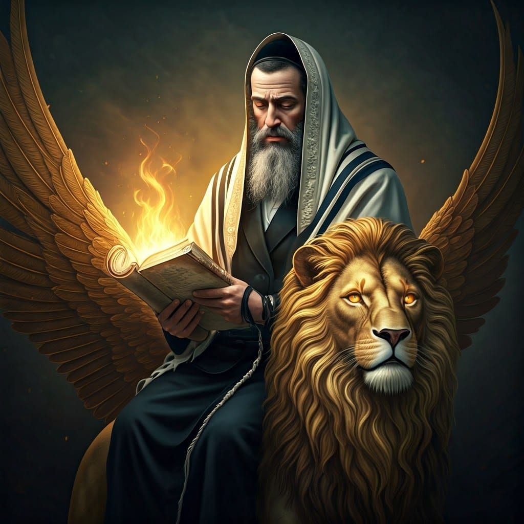 Devout Jew Reading Torah on Golden Lion Statue