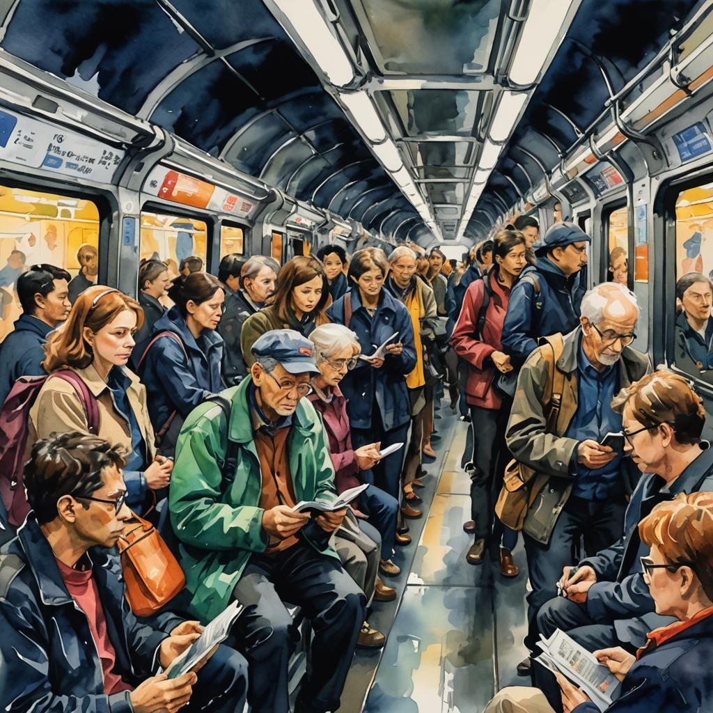 Crowded Metro Car in Watercolor Style