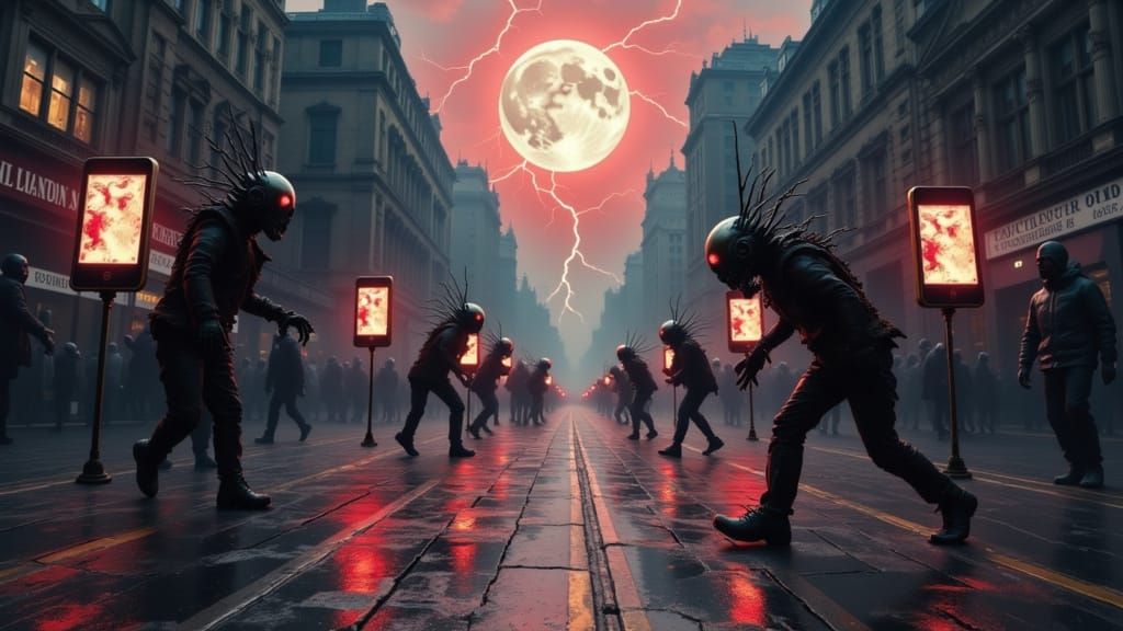 Techno Zombie Phones Invade City Under Cracked Moon