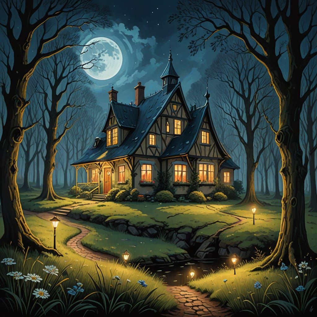 Whimsical Fungi Cottage in a Mystical Dark Forest