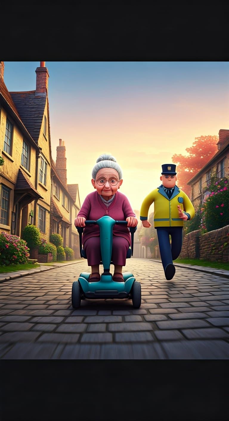 Grandmother's Scooter Chase: 3D Digital Art