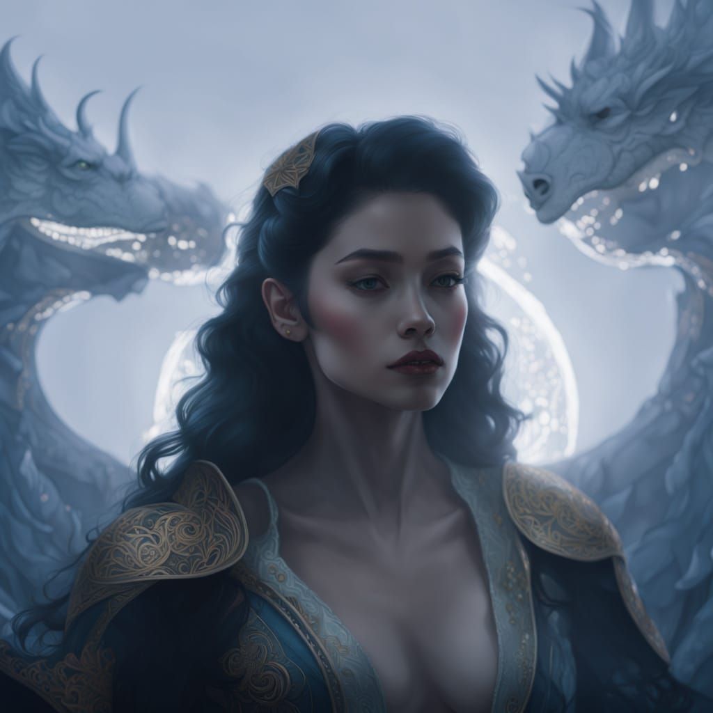 Ethereal Goddess Amidst Glowing Metals and Foggy Dragons