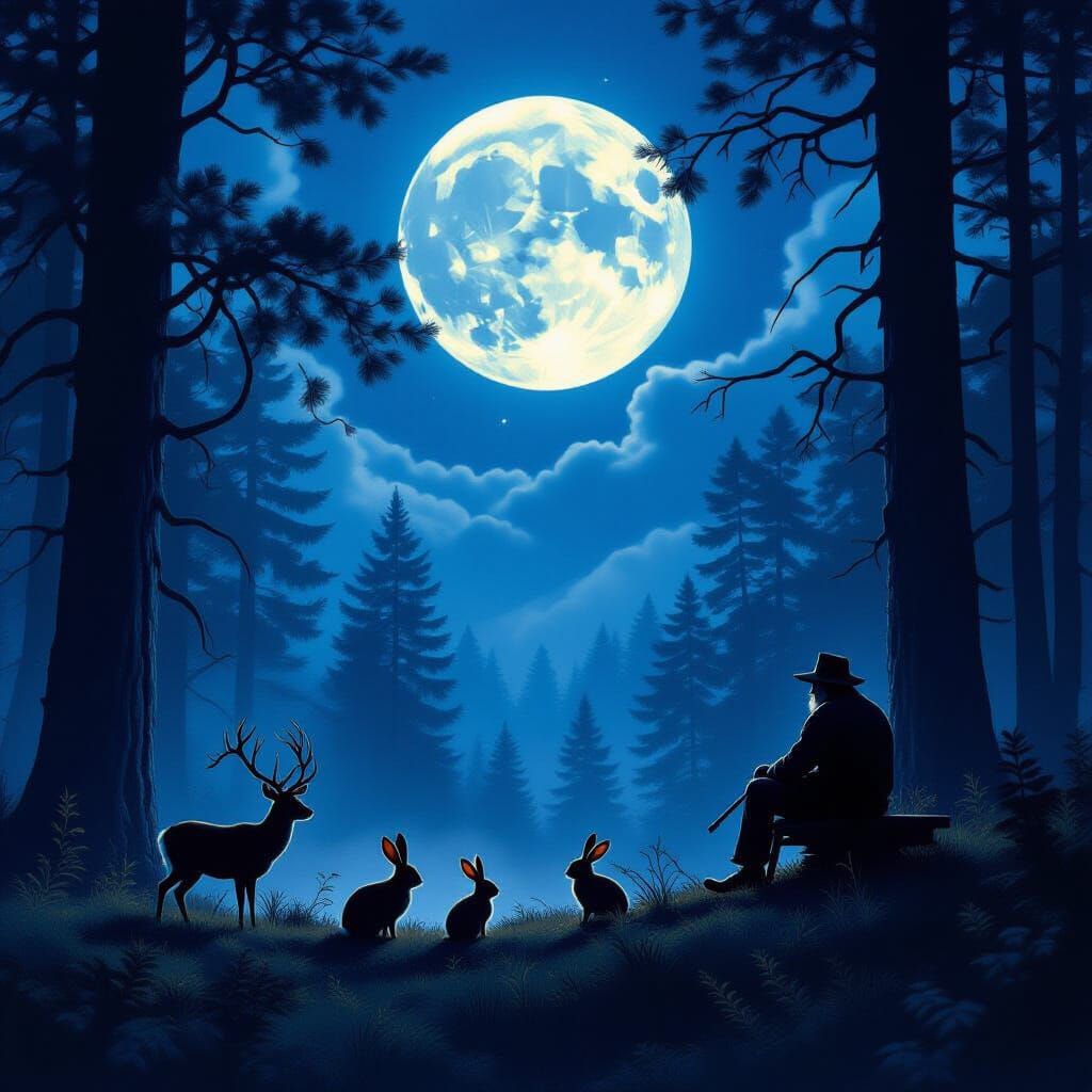Mystical Forest Moonlight Scene with Wildlife and Forester
