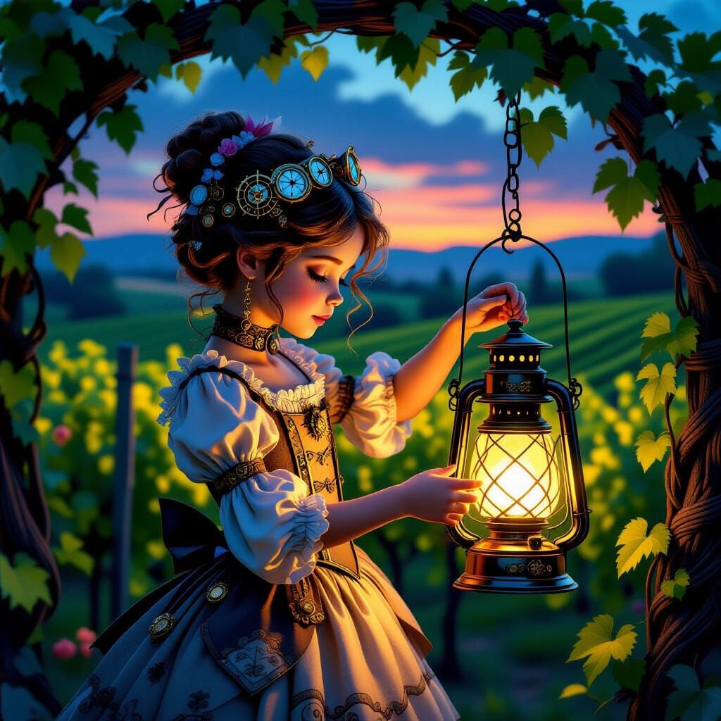 Steampunk Girl with Mechanical Lantern in Vineyard