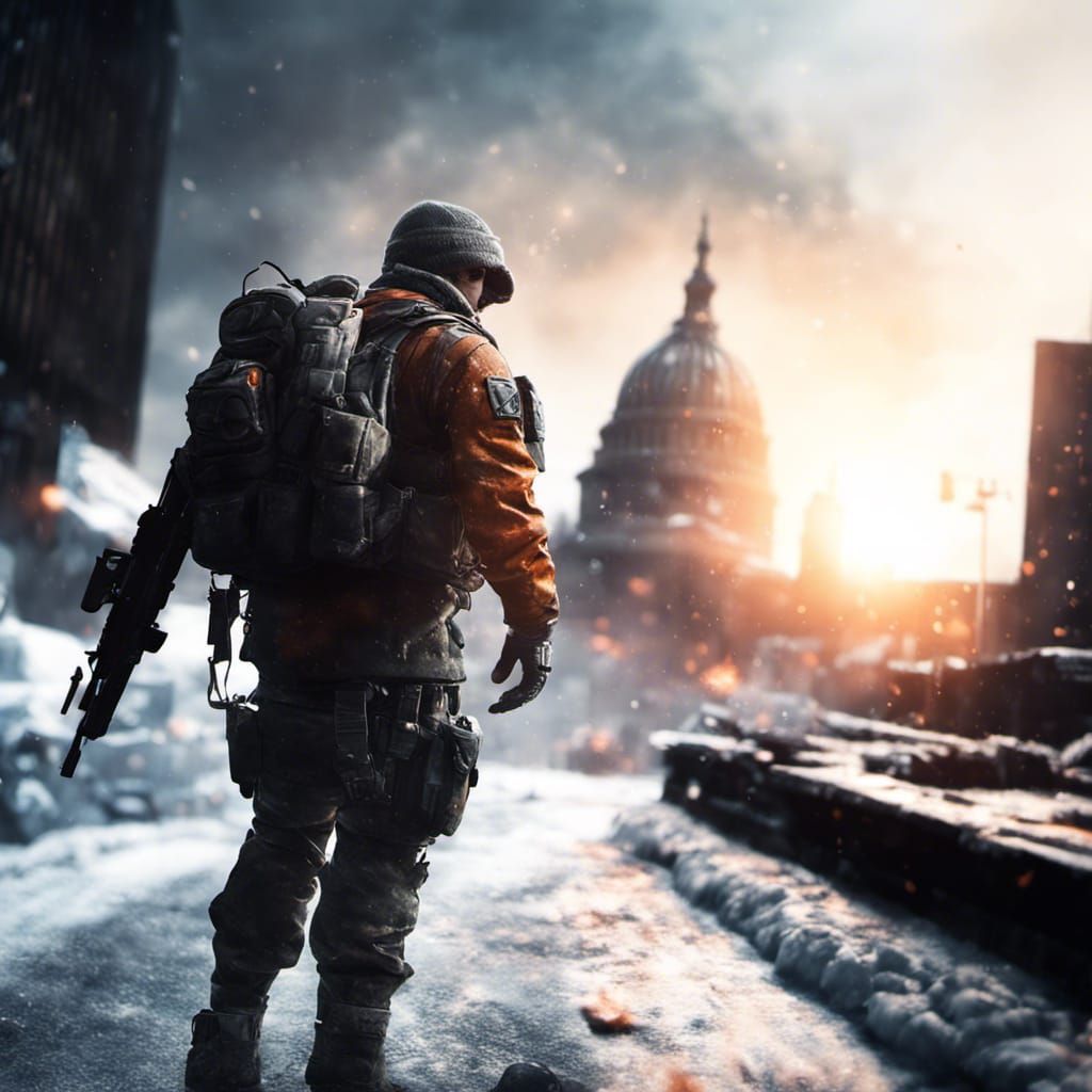 a soldier from the video game the division closeup with bokeh