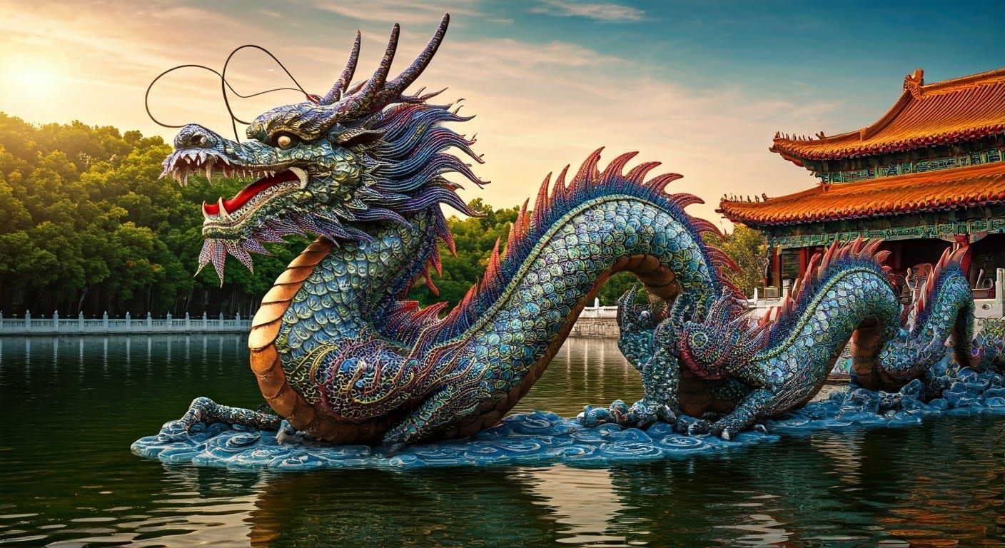 Chinese royal dragon made in modern mosaic style on lake sur...