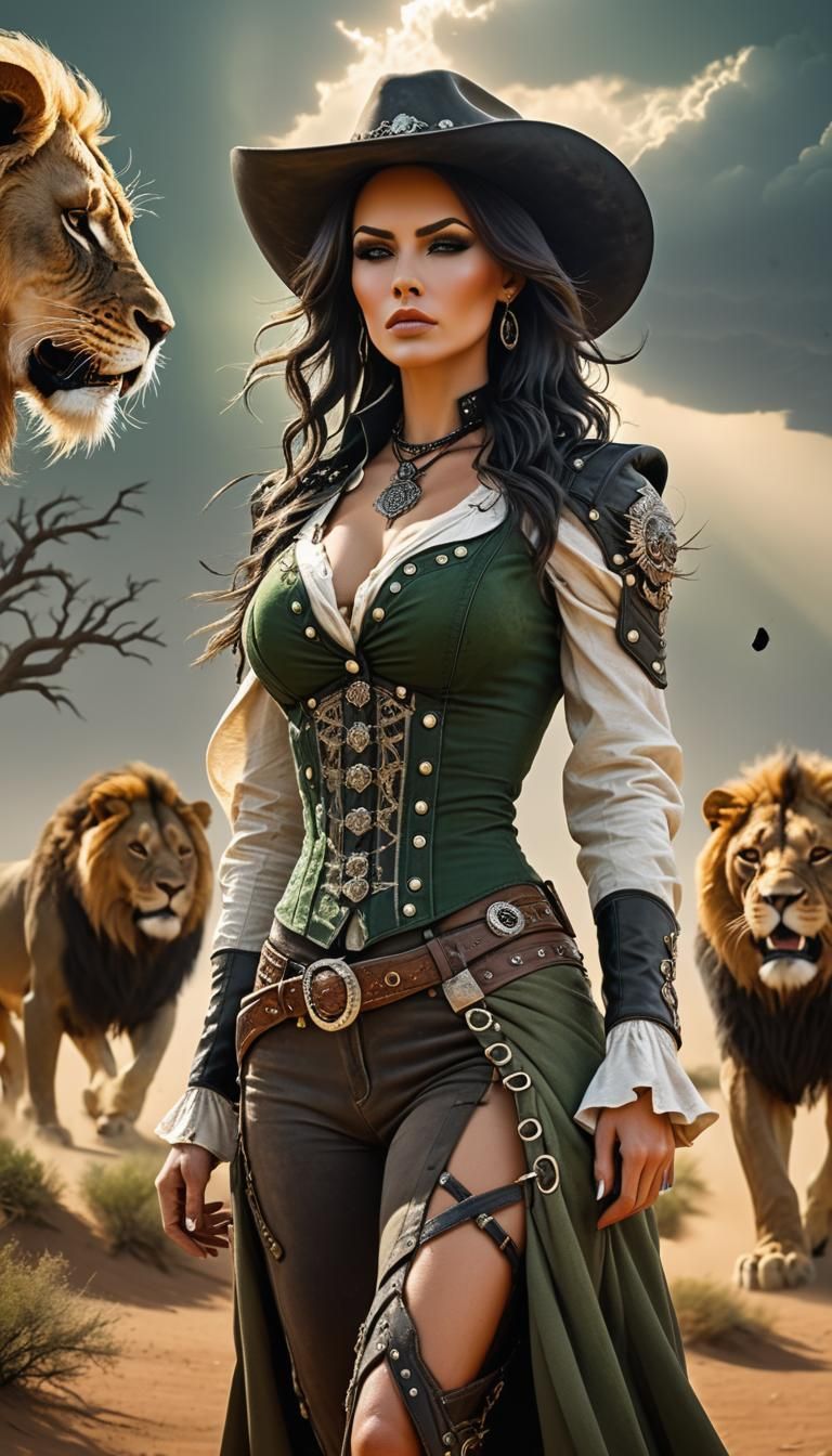 Desert scene, beautiful stunning Gothic cowgirl walking in f...