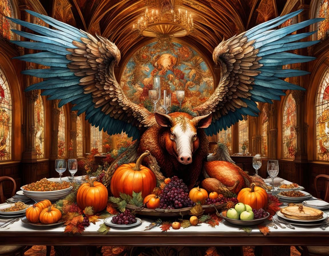 Thanksgiving Feast with Winged Pig Centerpiece