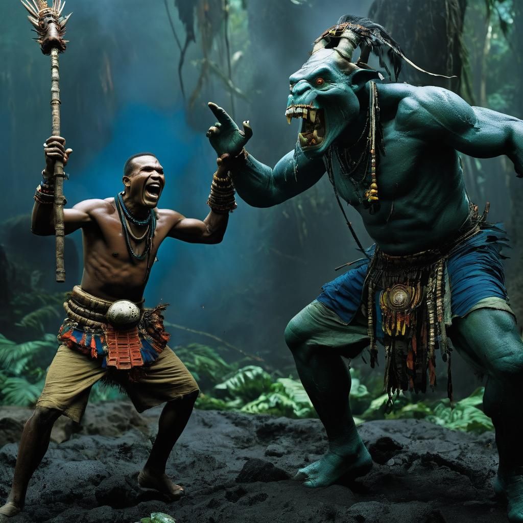 Heroic Avatar Defeats Golem: Photojournalistic Fantasy