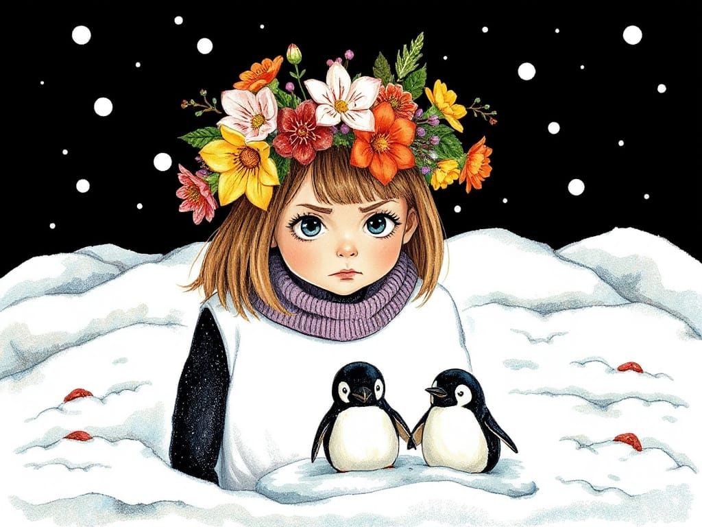 A Young Girl Wears a Spring Floral Wreath, Dreaming of Winte...