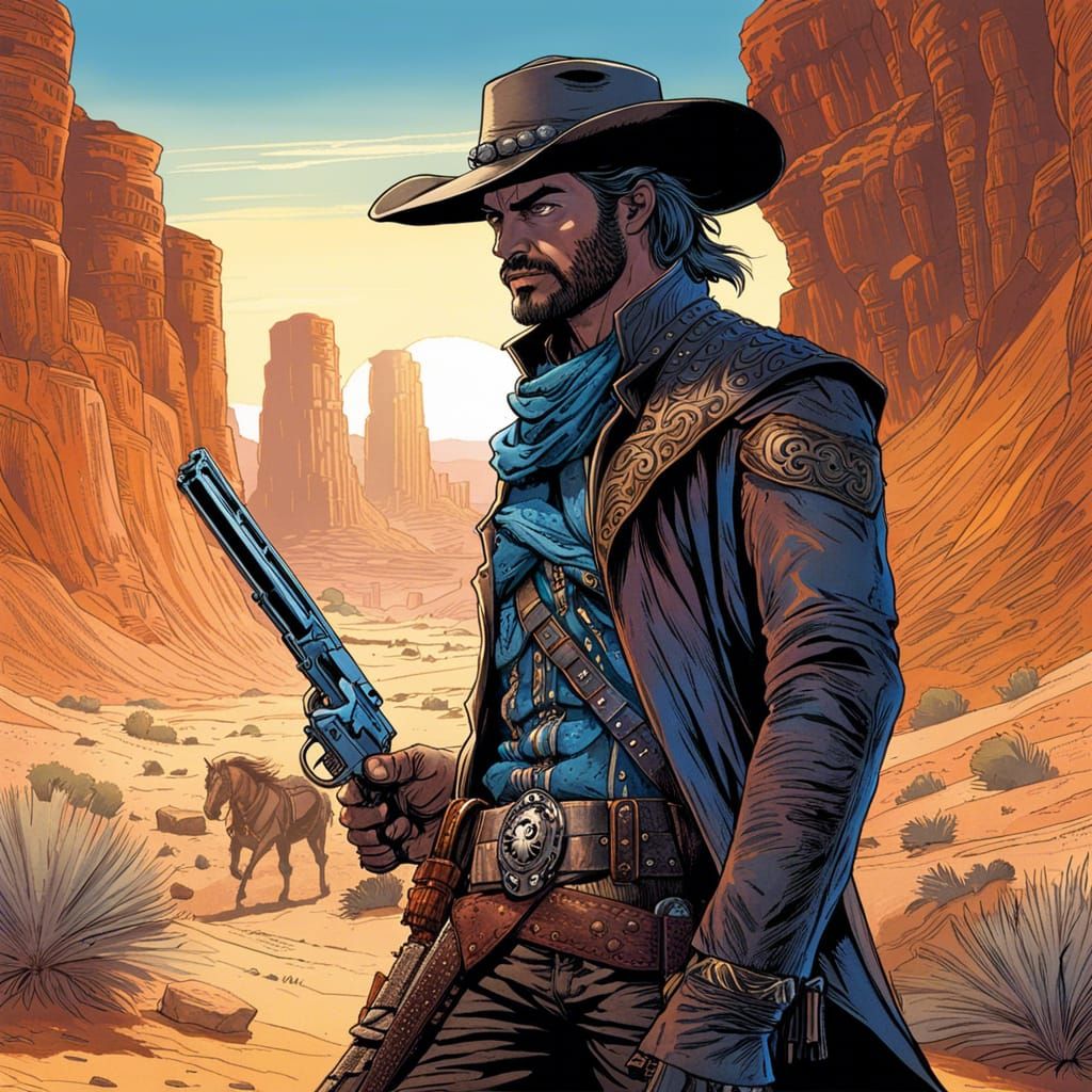 Cyber Cowboy Gunslinger Duel in Comic Book Art