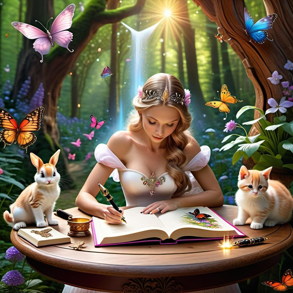 Woman Writing in Journal in Mystical Forest
