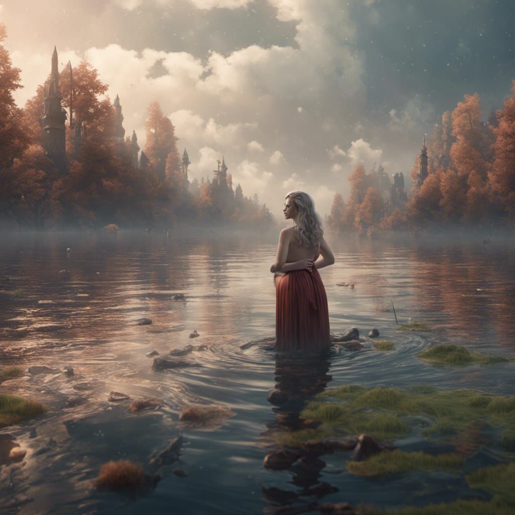Pregnant Giantess in Lake: Fantasy Concept Art
