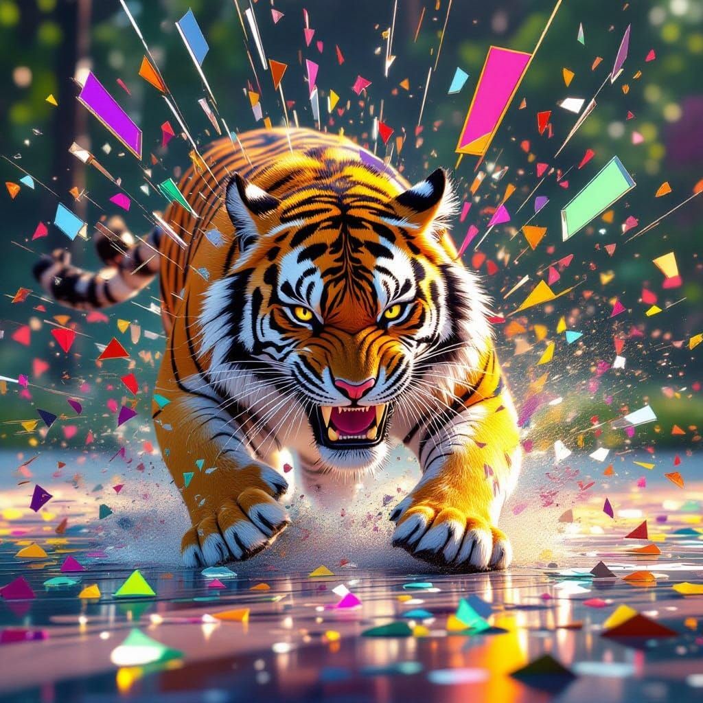 Tiger Shatters Rainbow Glass in Stunning 3D Render