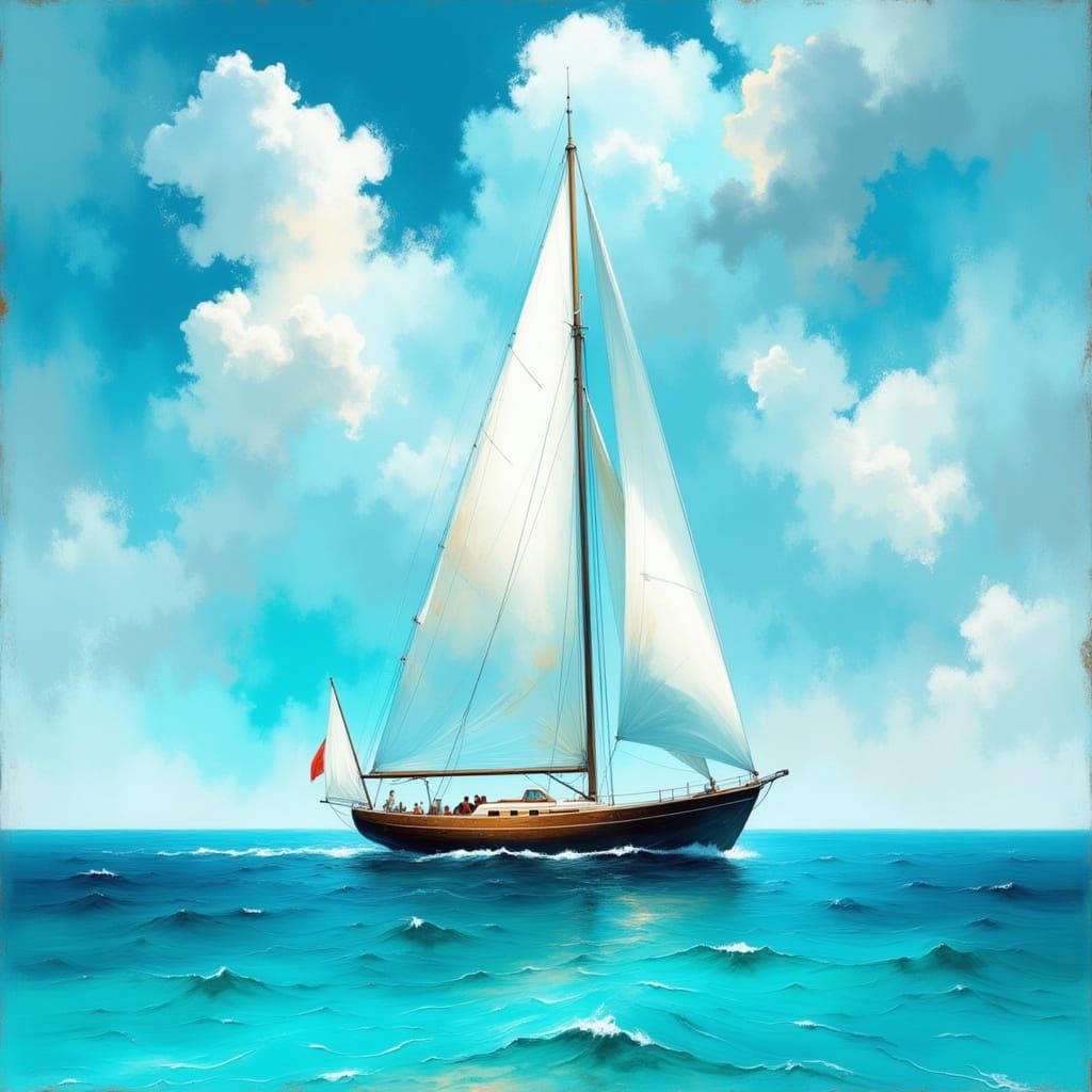 Turquoise Sailboat on Turquoise Ocean, Impressionist Style