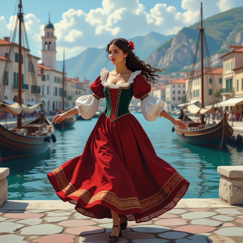Renaissance Lady Dancing in Italian Harbor