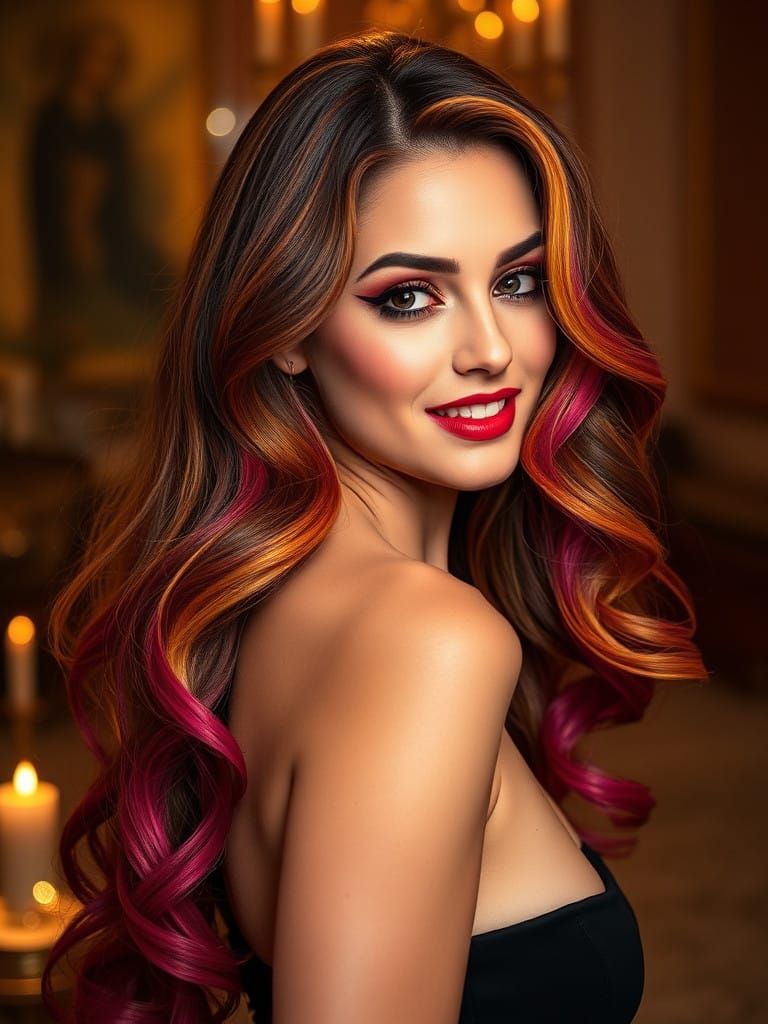 Elegant Woman with Vibrant Hair and Soft Candlelight