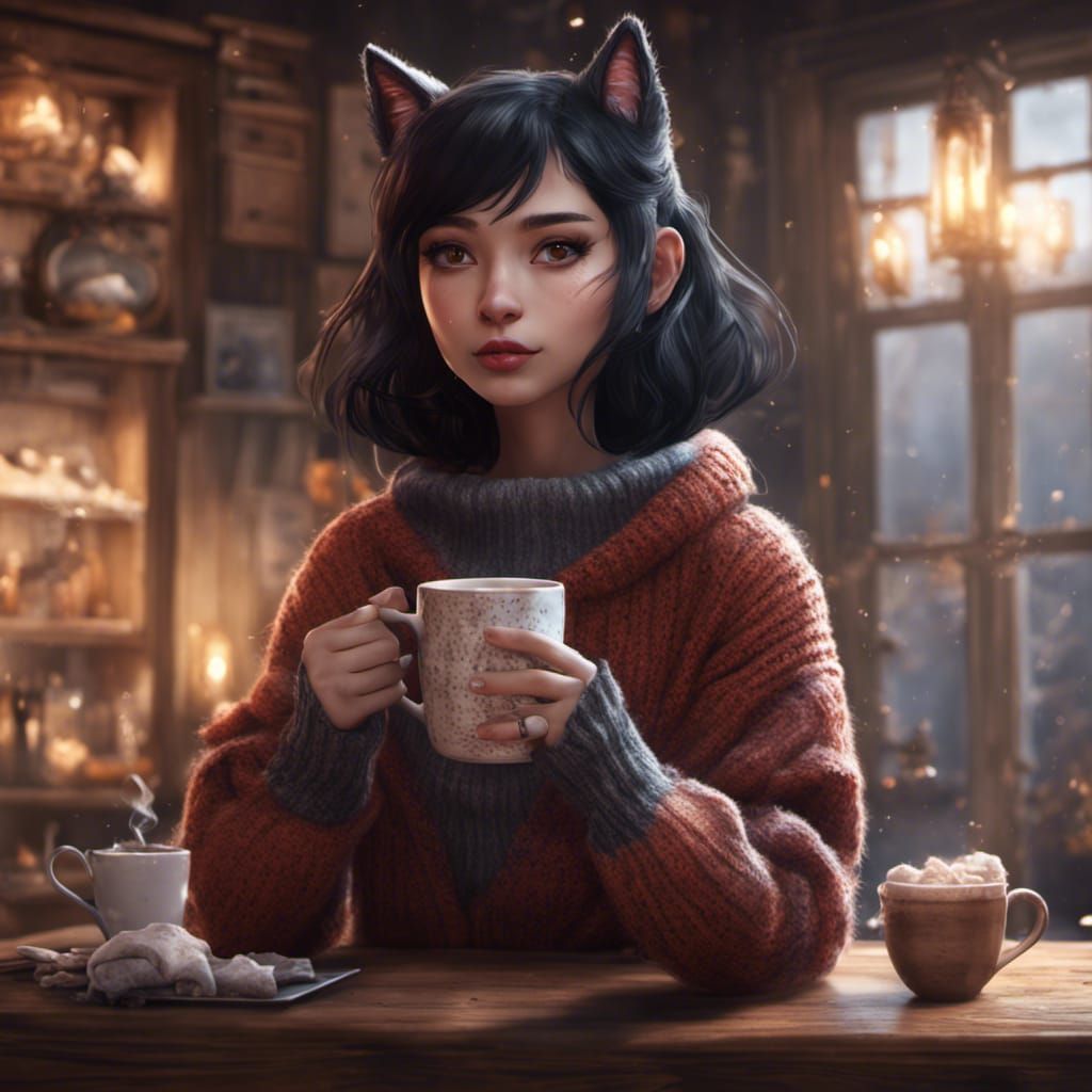 Catgirl Enjoying Cocoa: Fantasy Concept Art