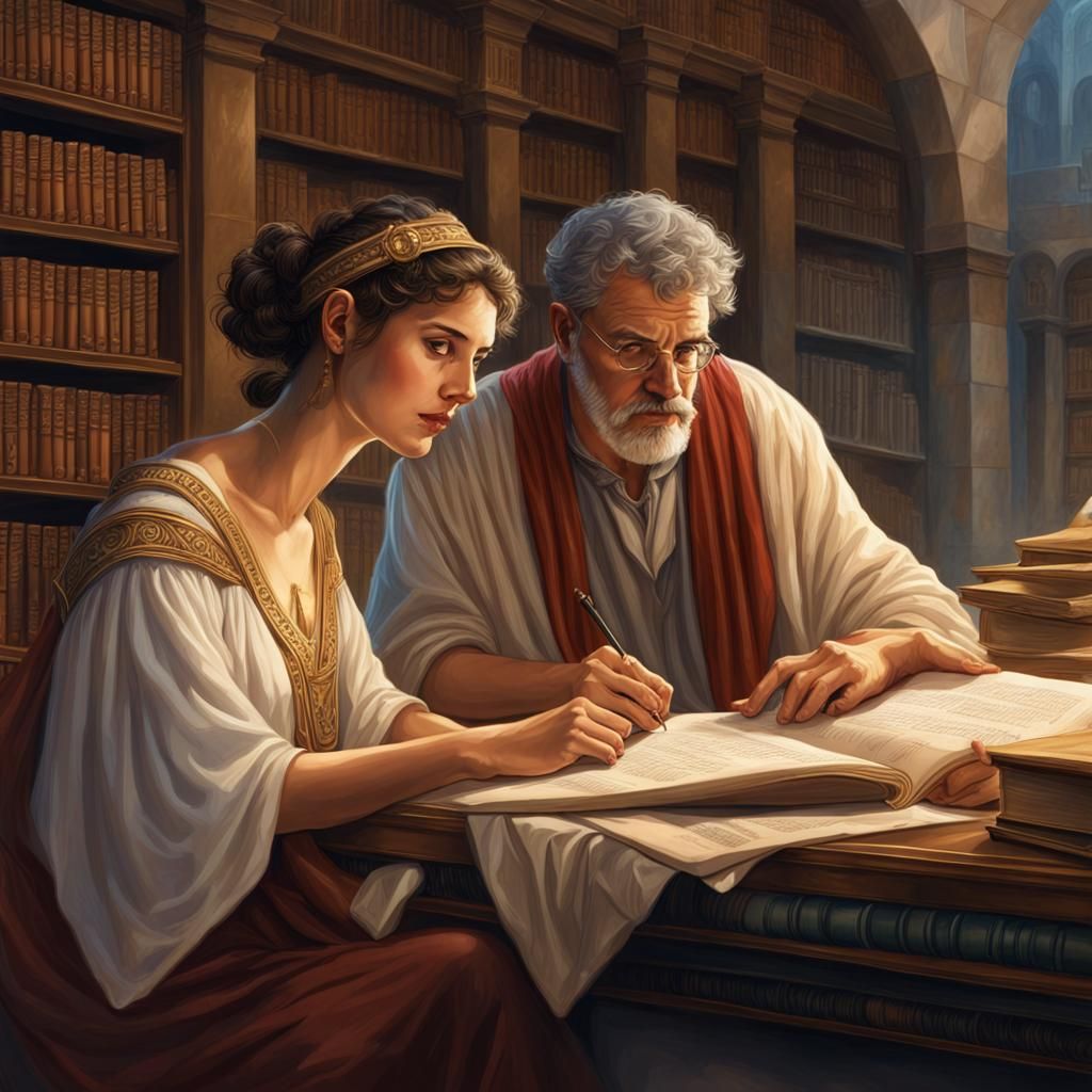 Hypatia and Father Study Scrolls in Alexandria