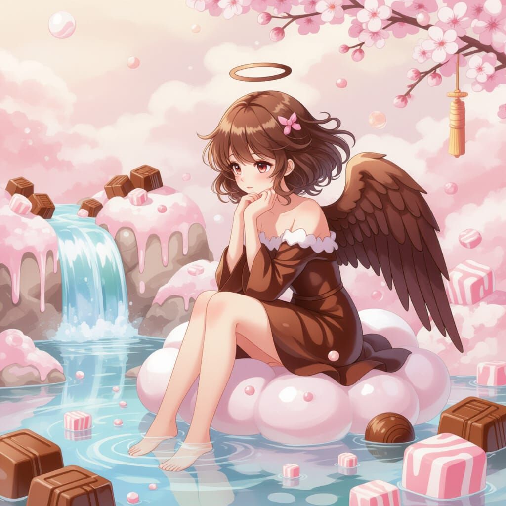 Contemplative Chocolate Angel in Manga Watercolor Style