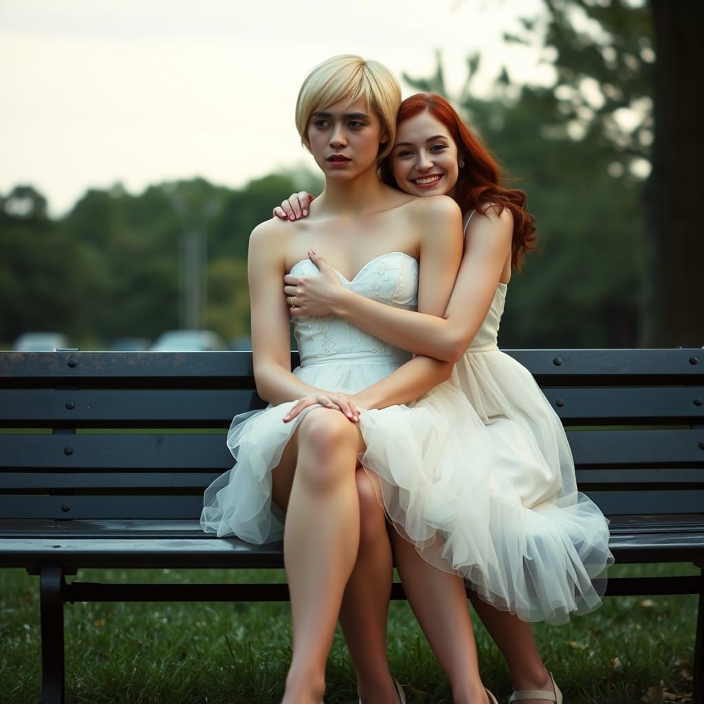 Embarrassed Young Man in Bridesmaid Dress Comforted by Frien...