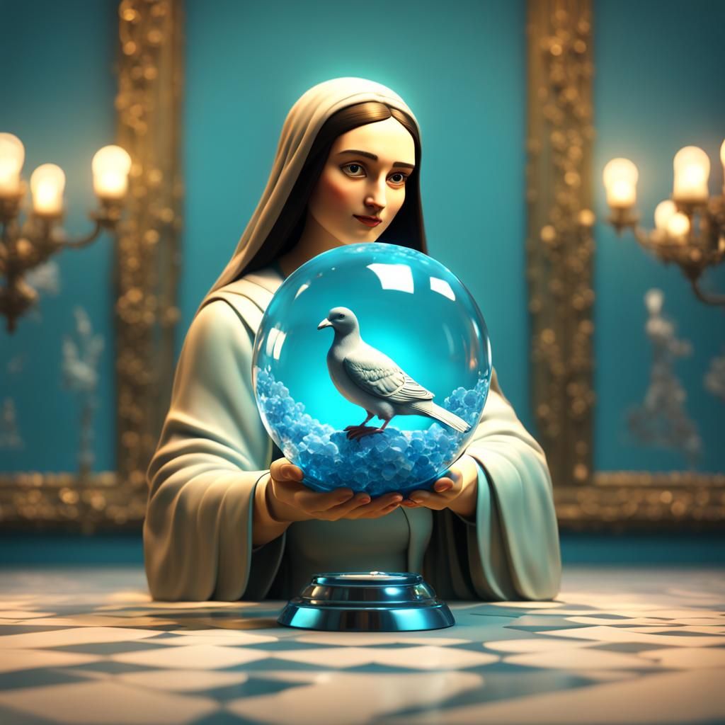 Modern Mona Lisa Holding Crystal Ball, 3D Digital Art