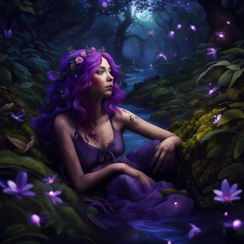 Violet-Haired Woman Lounging by Forest Stream