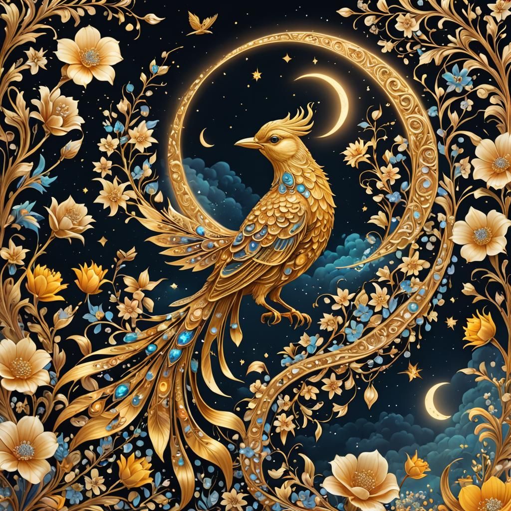 Golden Bird on Diamond Crescent, Detailed Ink Drawing