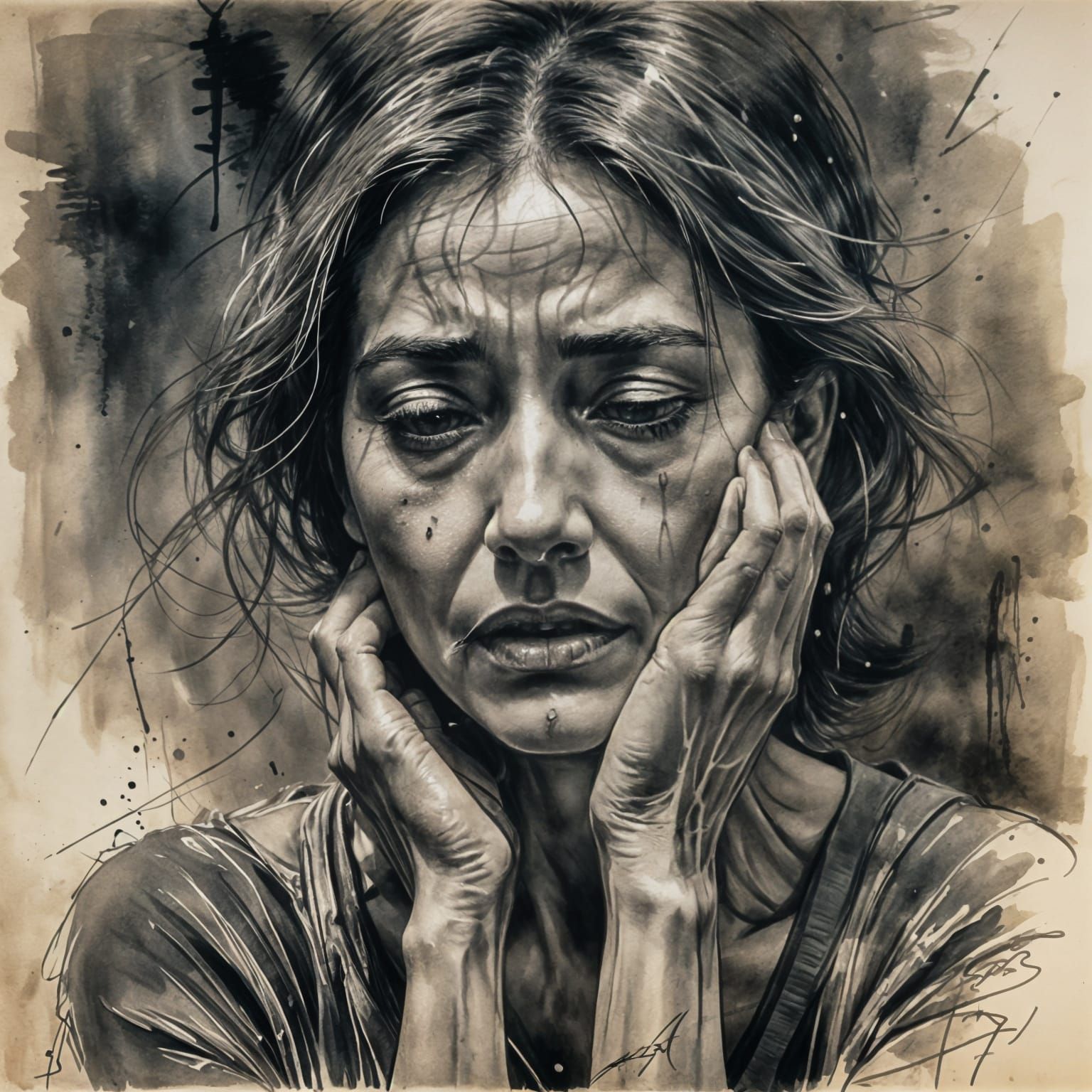Grieving Woman in Charcoal Sketch with Watercolors