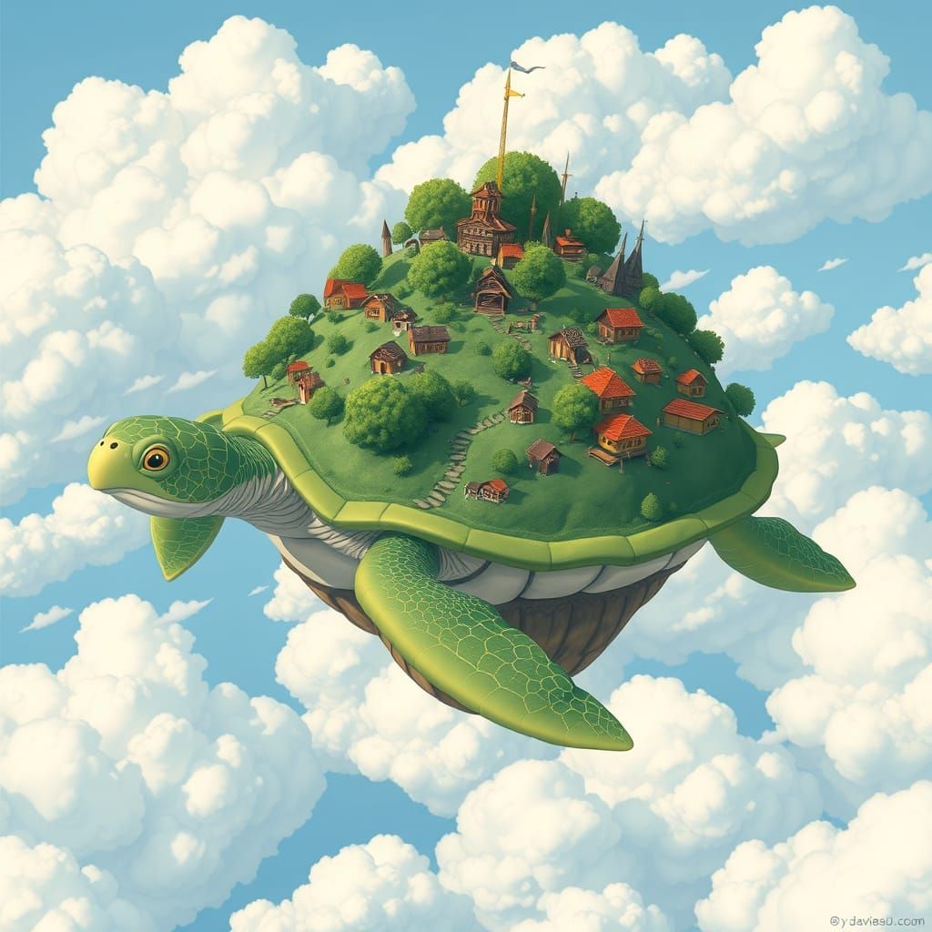 Fantasy Turtle Island Sails Through Serene Clouds