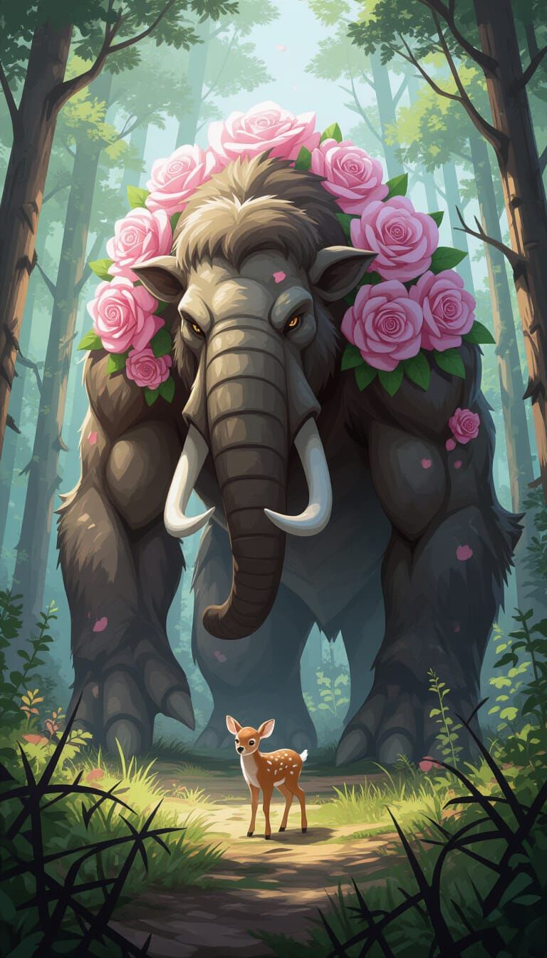 Gentle Behemoth Guiding Fawn Through Thorns
