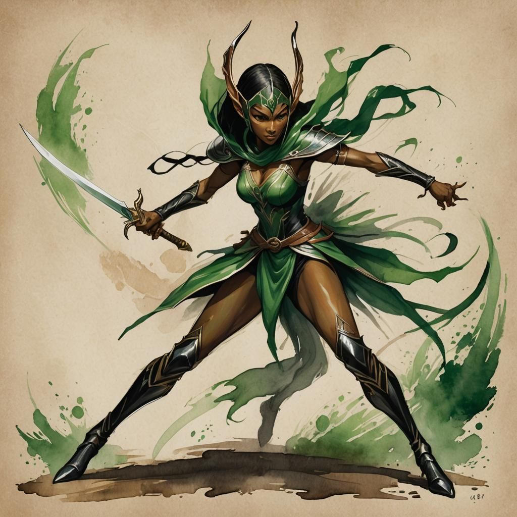 Wood Elf Blade Master in Watercolor Style