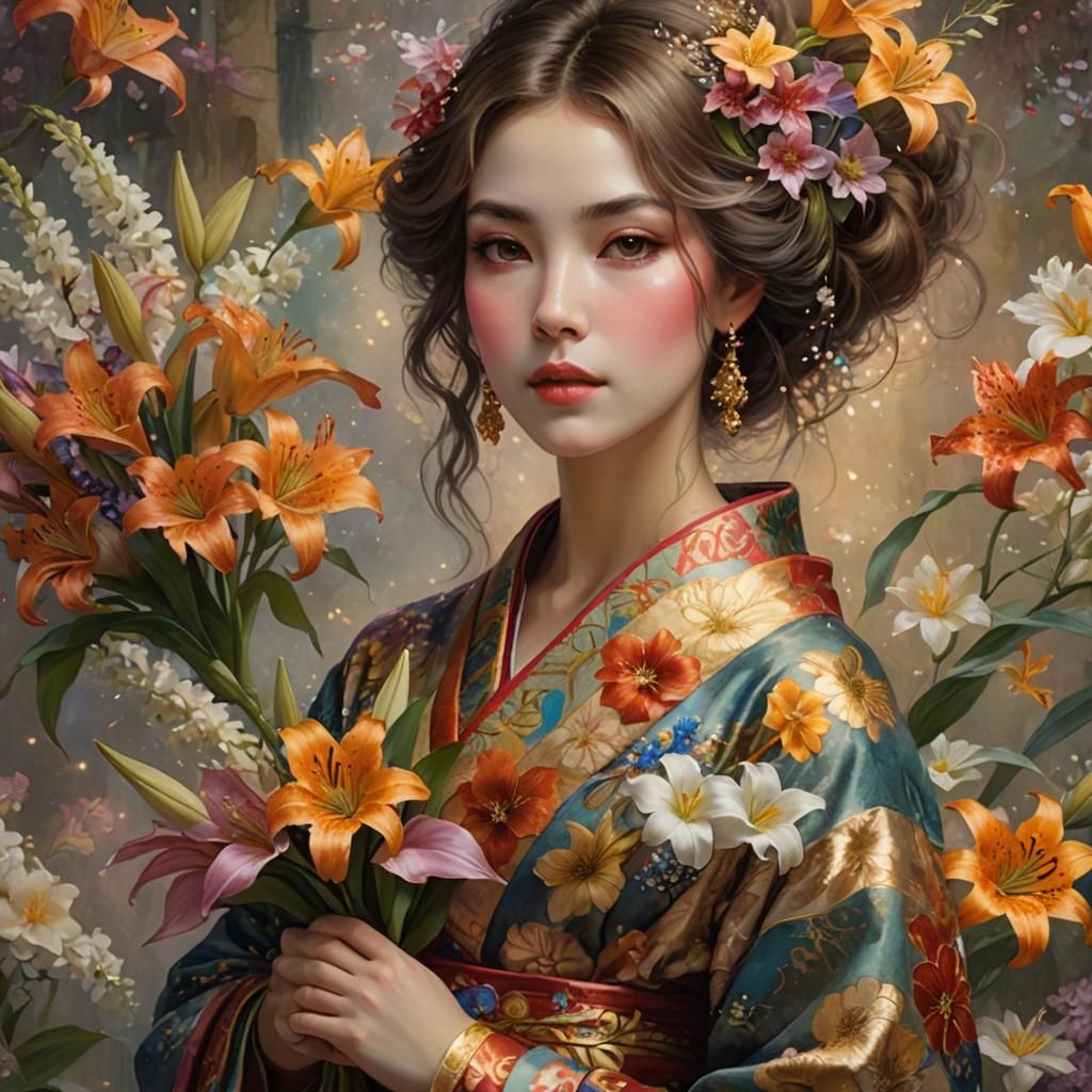 Girl in Kimono with Lilies, Klimt-Inspired Art