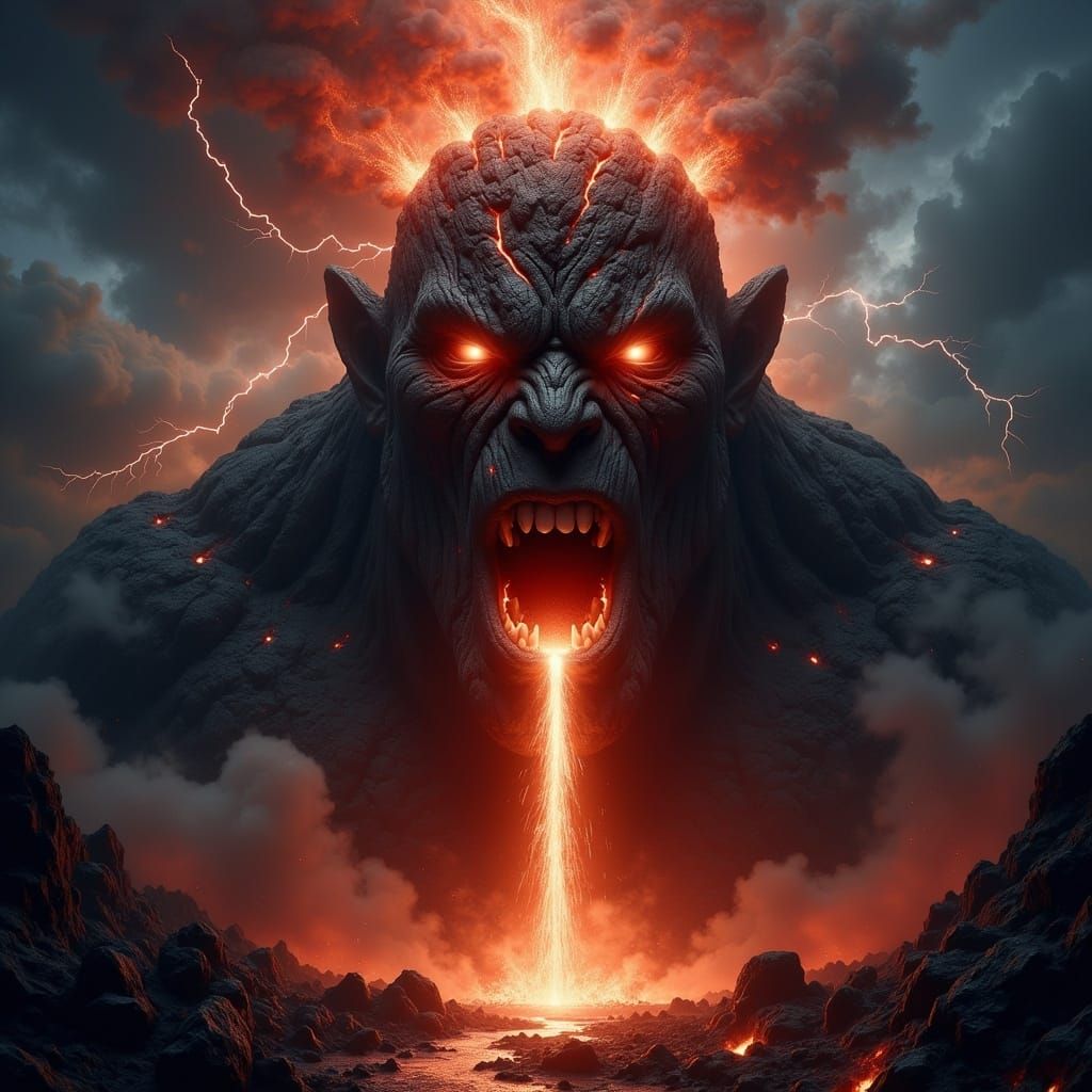 Fiery Volcano with Scowling Face in Industrial Landscape