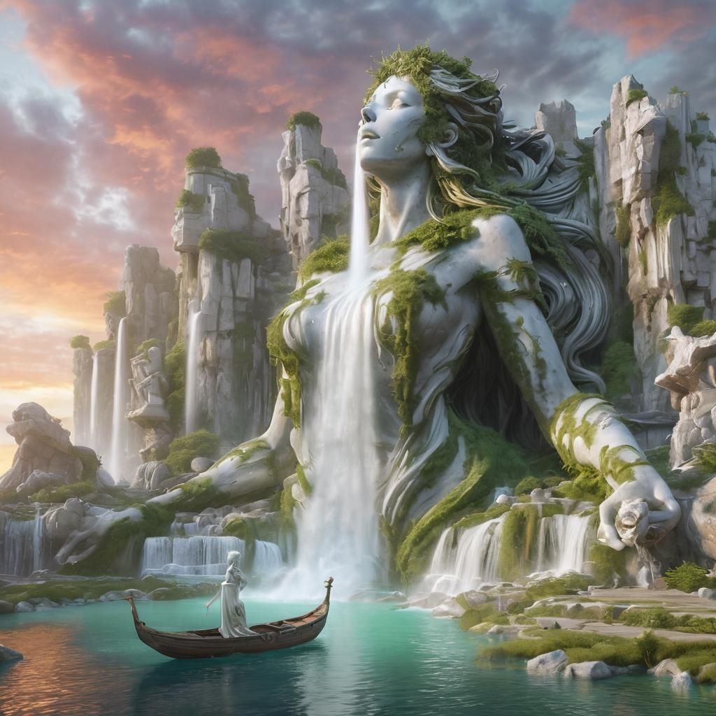 Anime Style Colossal Statue with Waterfall and Spell