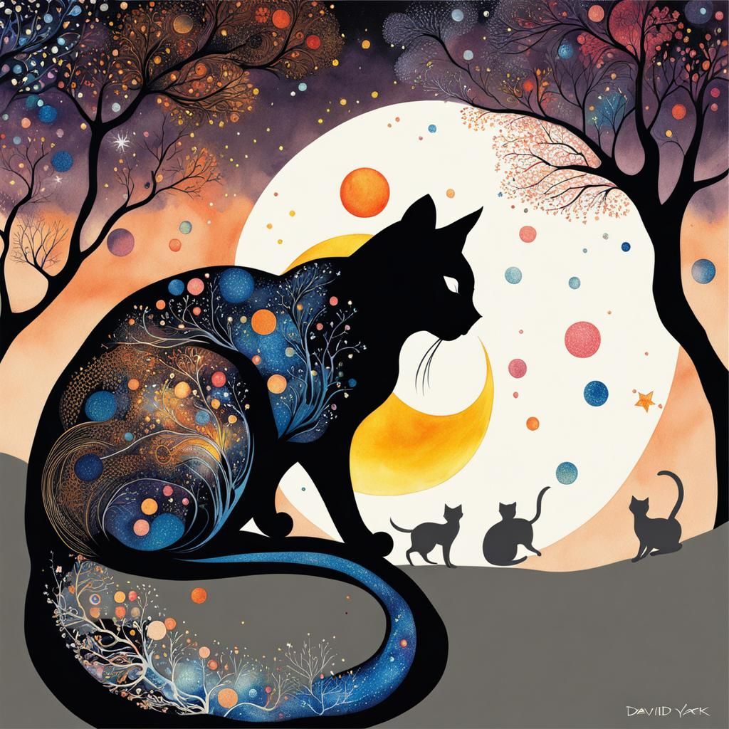 Elegant Cats in Moonlight: Watercolor Ink Art