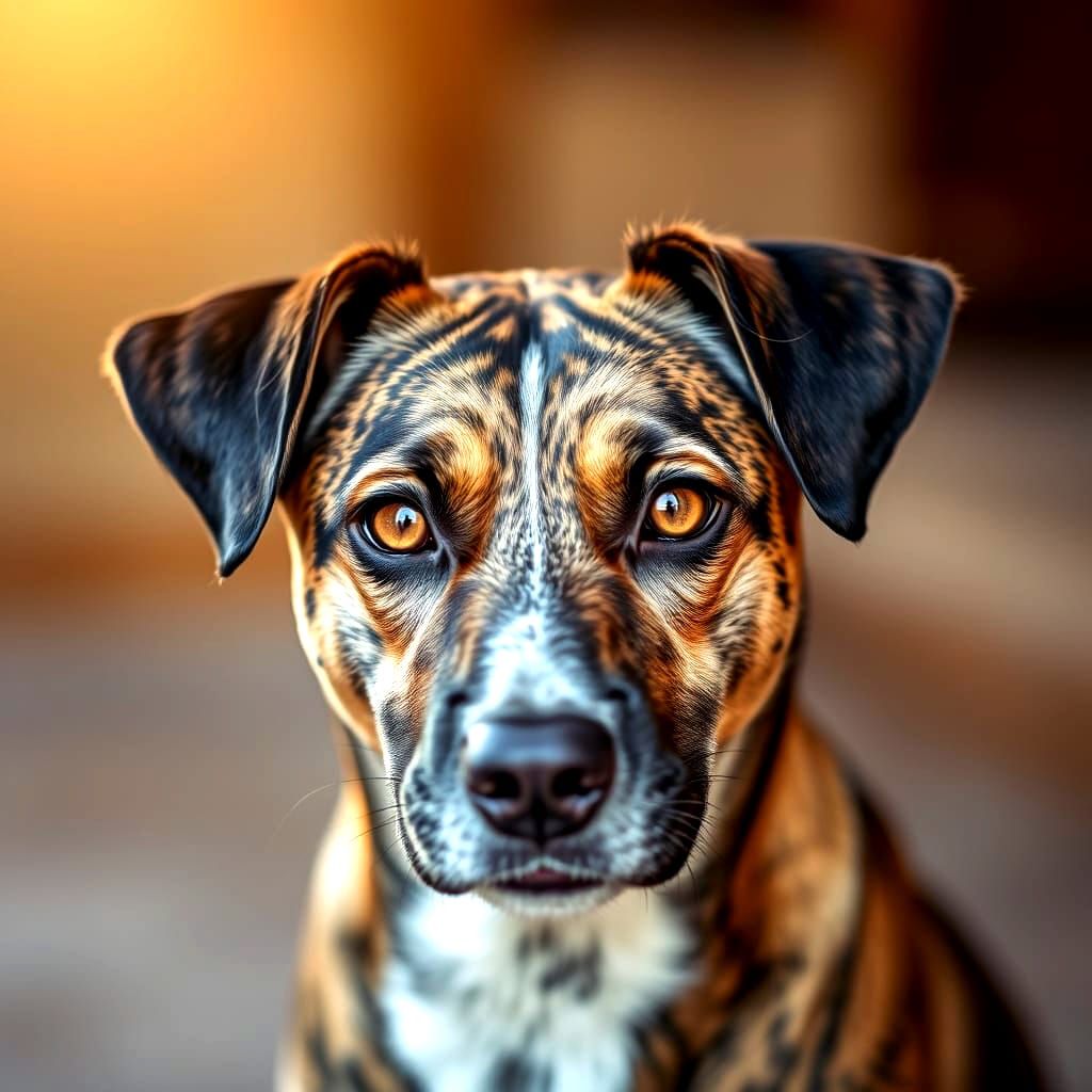 Brindle Mix Puppy with Golden Eyes in Bokeh Lighting